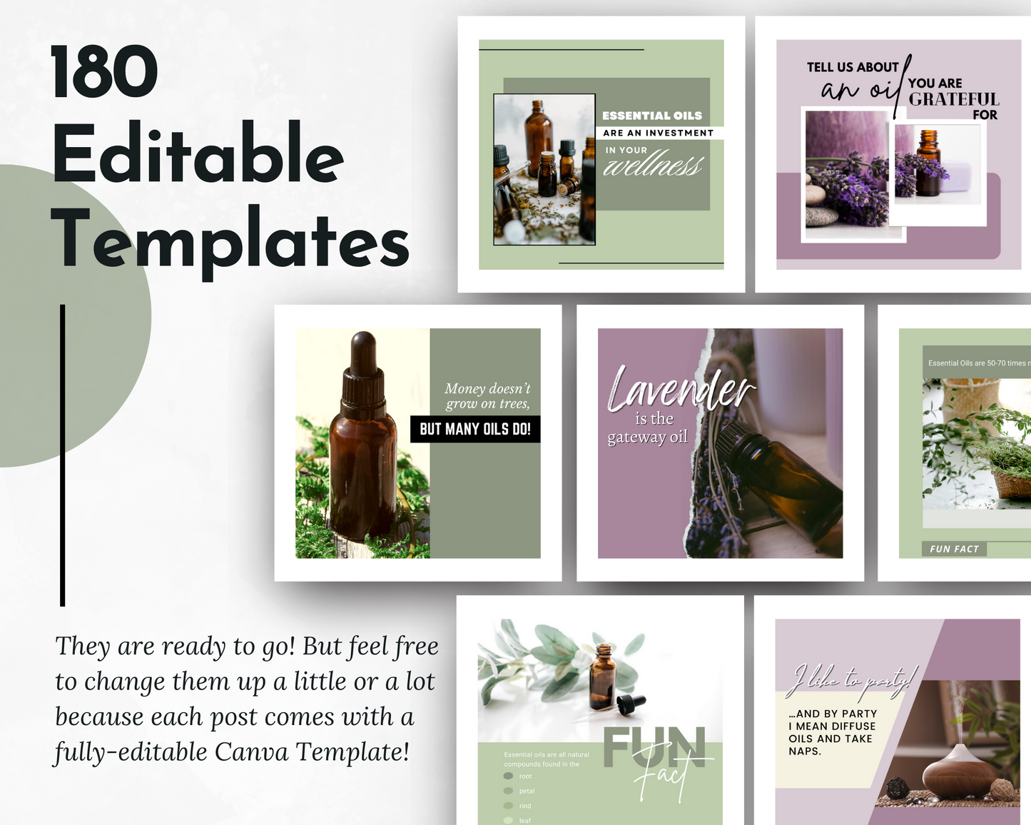 A set of editable Essential Oils Social Media Post Bundle with Canva Templates from Socially Inclined, with a wellness-inspired twist, perfect for promoting essential oils.