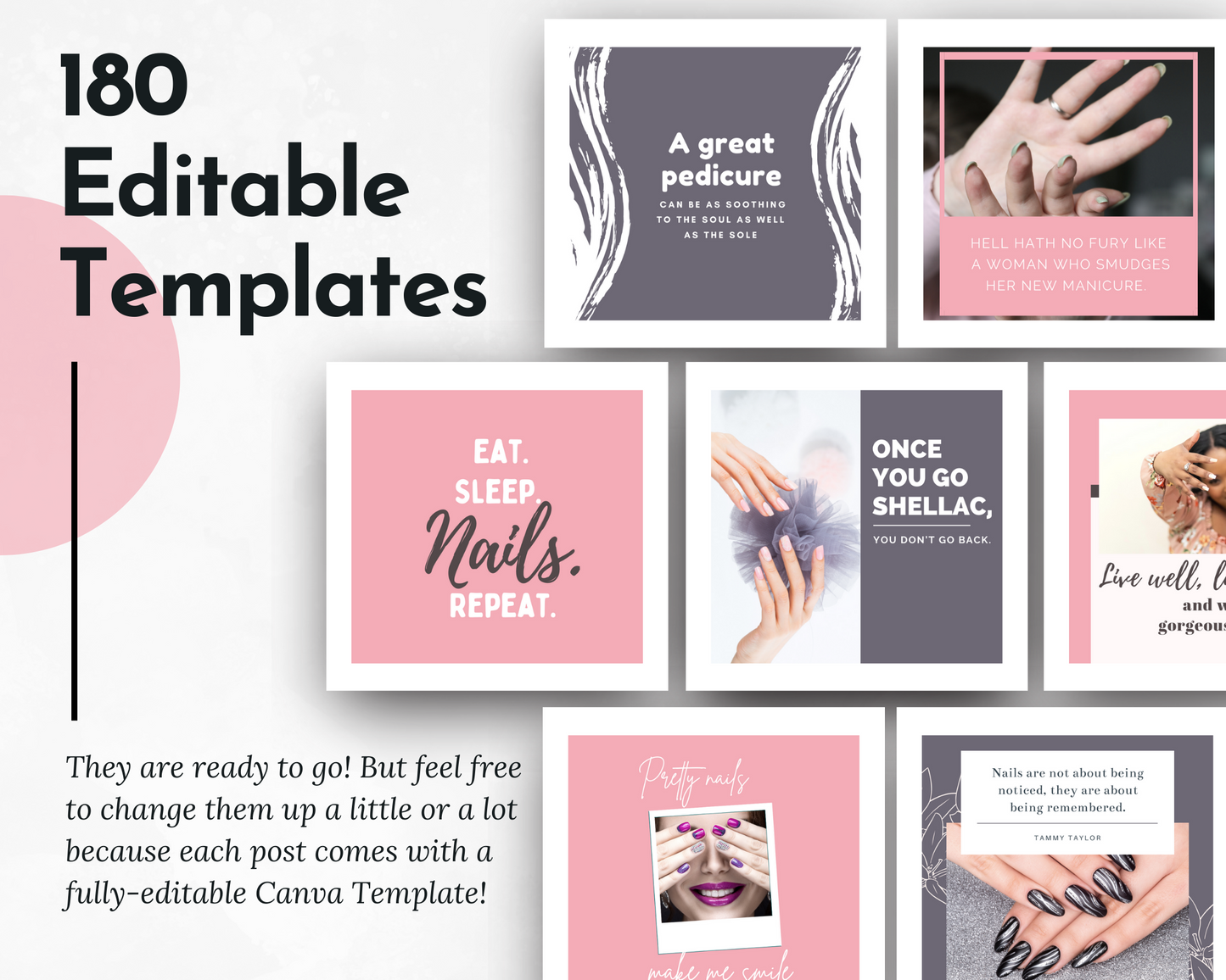 A set of editable Nail Care & Nail Art Social Media Post Bundle with Canva templates by Socially Inclined.
