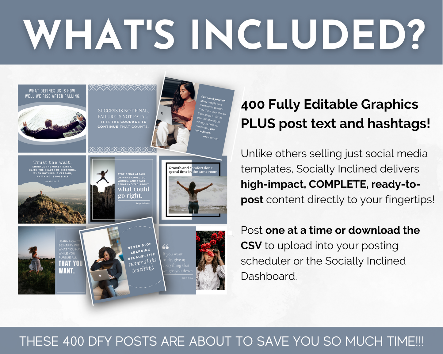 What's included in the Inspirational Social Media Post Bundle with Canva Templates from Socially Inclined?