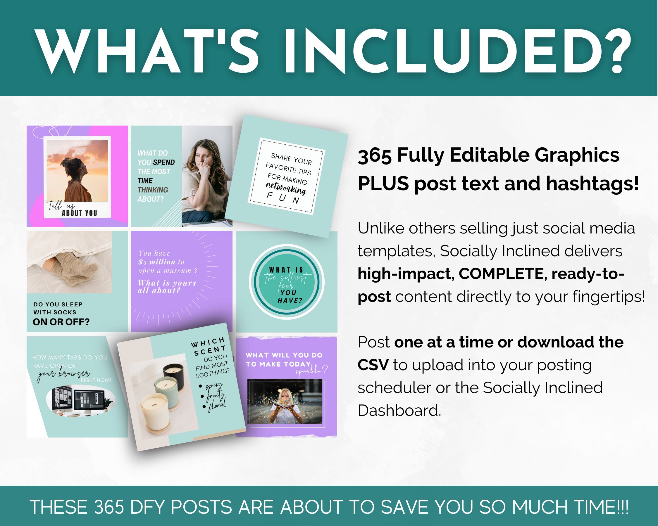This Engaging Questions for Social Media Post Bundle with Canva Templates from Socially Inclined includes captivating social media posts and an audience.