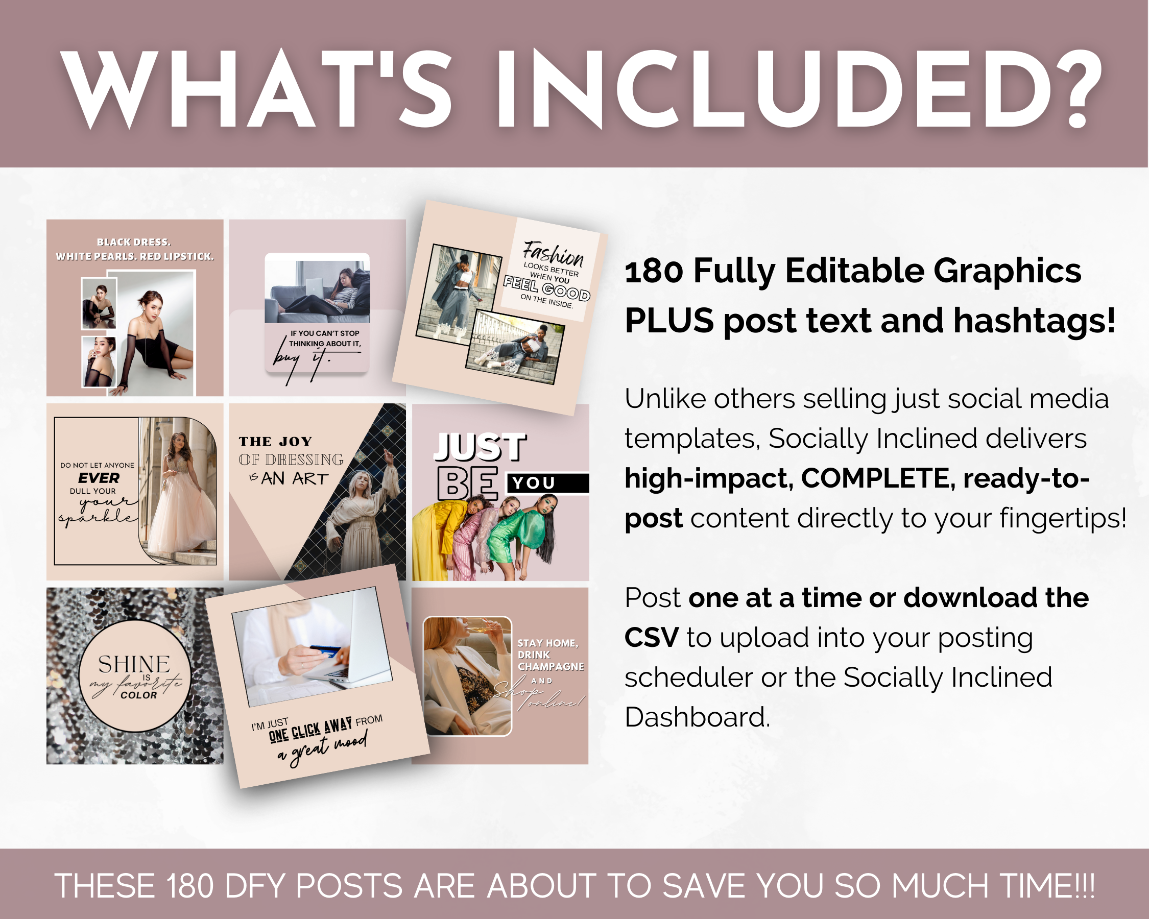 The Boutique & Style Store Social Media Post Bundle with Canva Templates from Socially Inclined includes ready-to-post text captions and social media images.