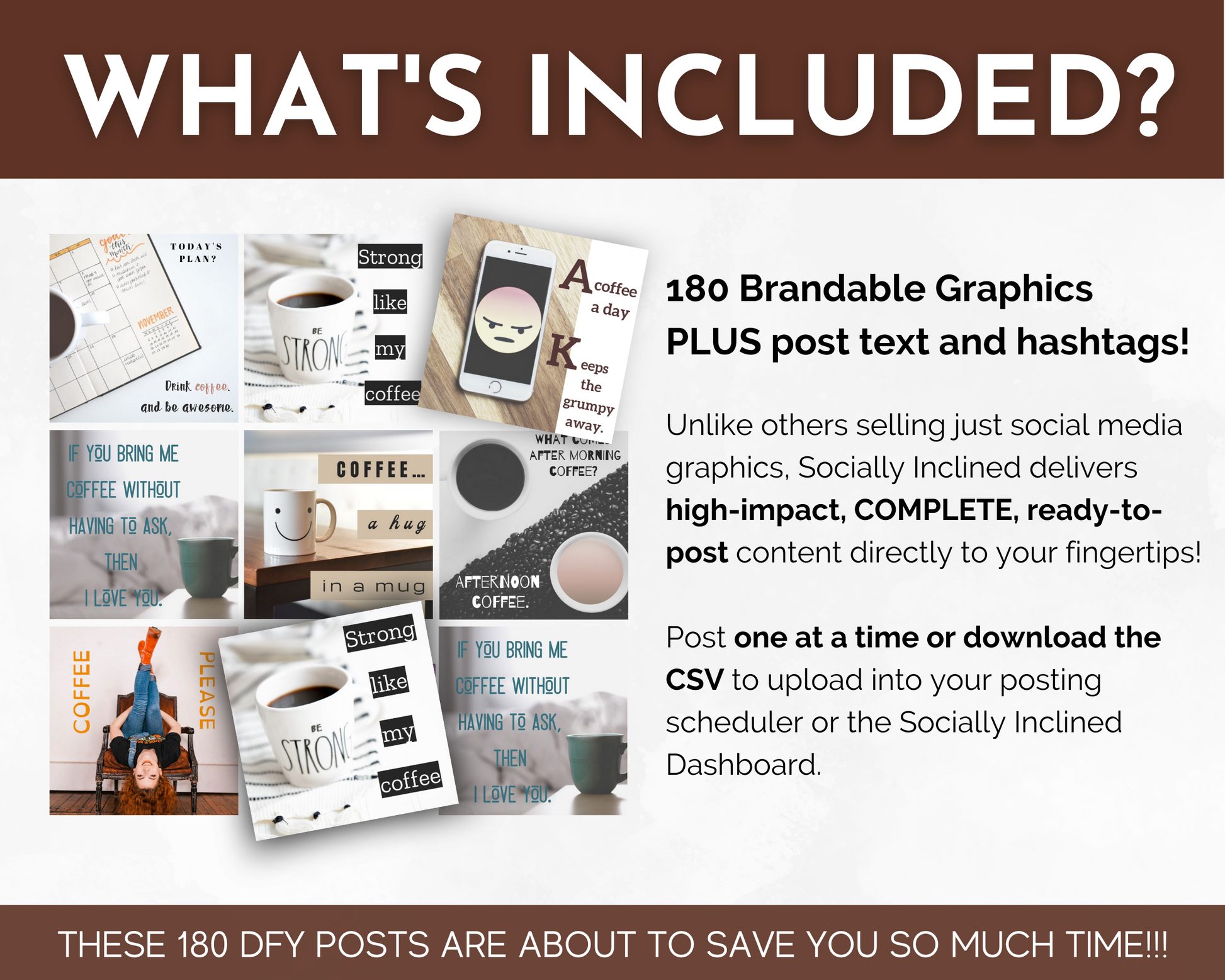 What's included in the Coffee Lover's Social Media Post Bundle by Socially Inclined?
