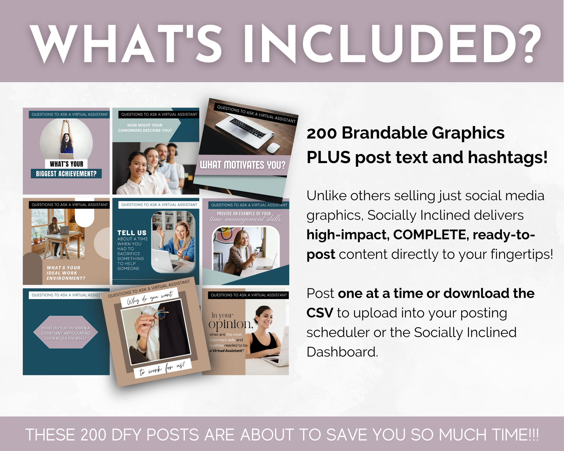 Discover what's included in the Virtual Assistant Social Media Post Bundle with Canva Templates from Socially Inclined.
