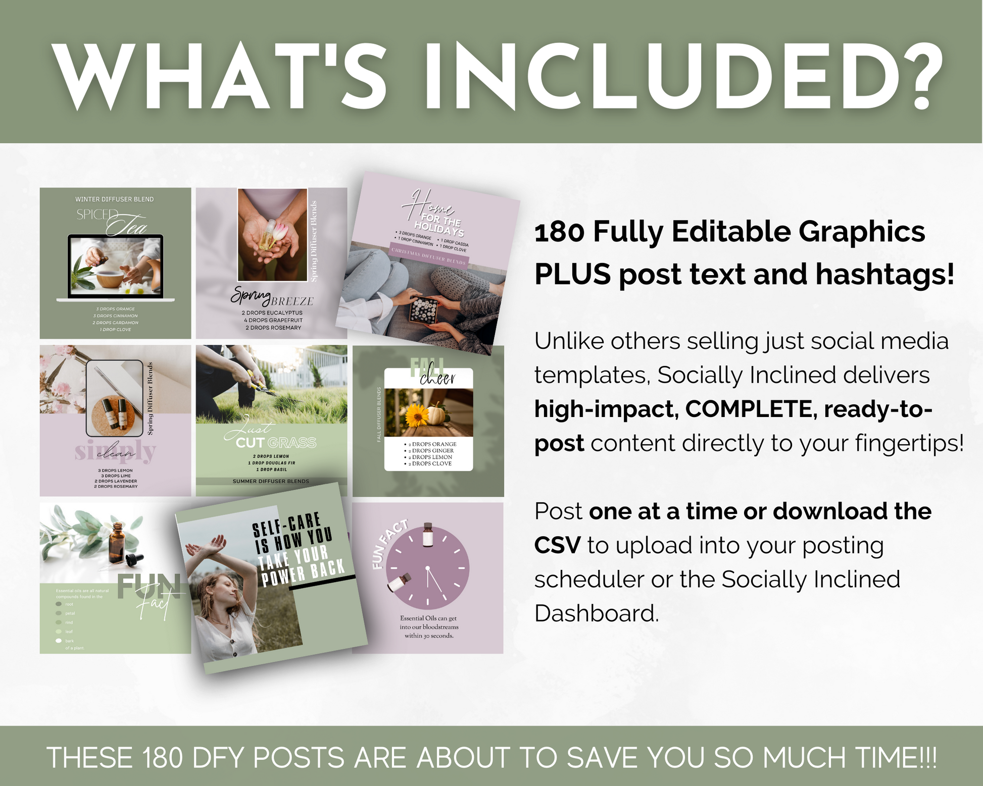 Discover what's included in our Essential Oils Social Media Post Bundle with Canva Templates, inspired by Socially Inclined wellness.