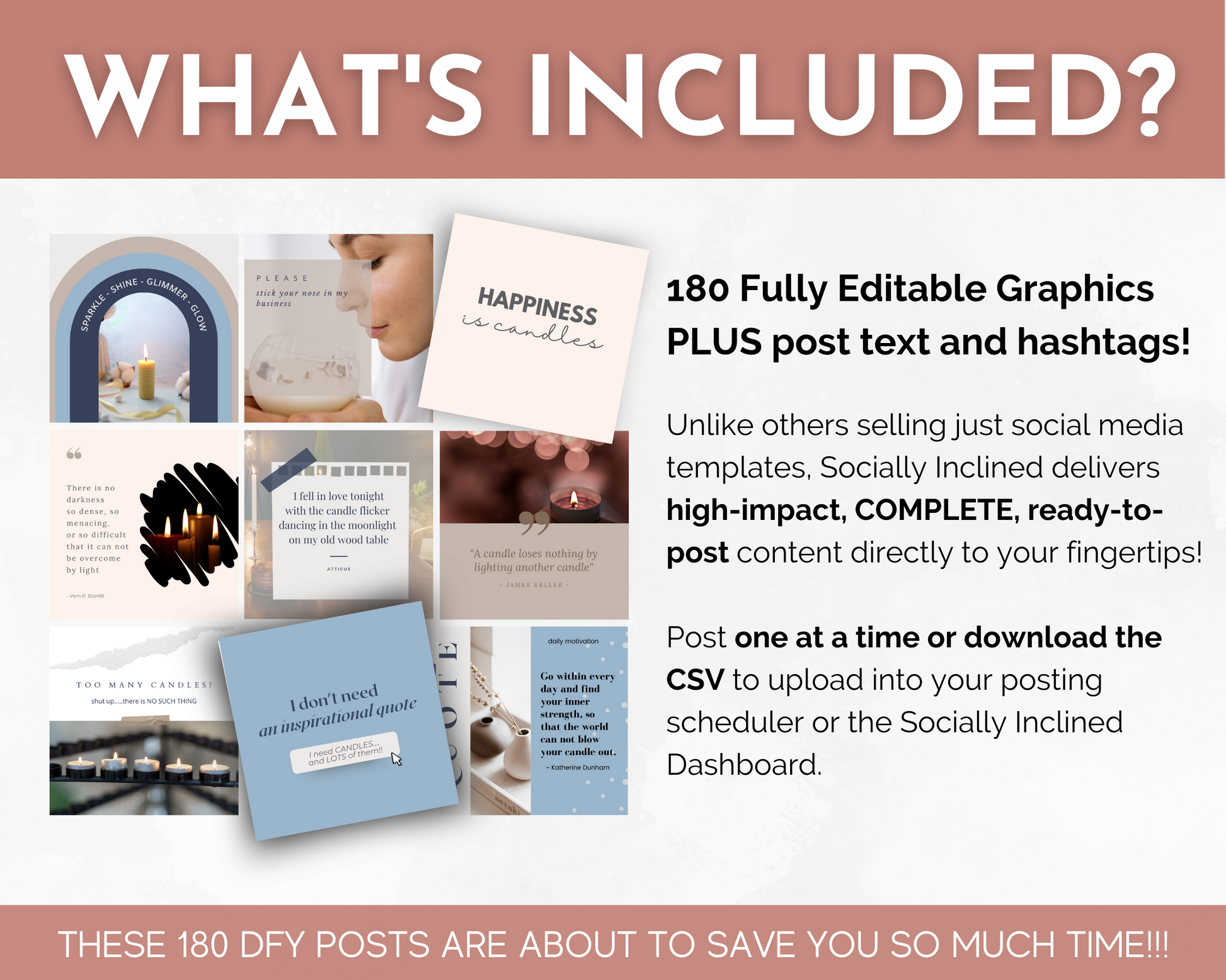What's included in our Candles & Scents Social Media Post Bundle with Canva Templates? We offer a wide range of products for your Socially Inclined social media presence.