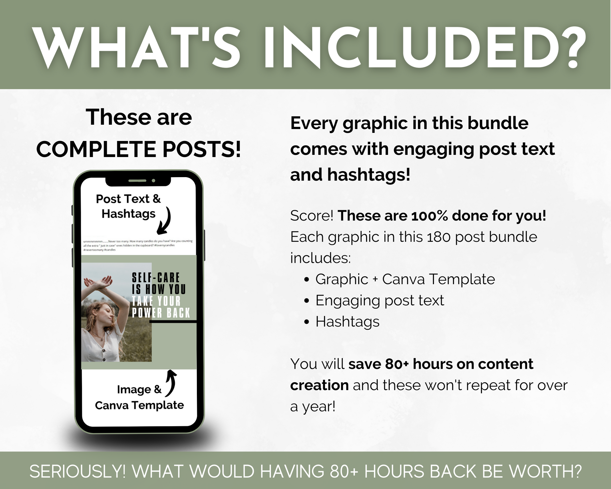 What's included in the Mind Body & Spirit Social Media Post Bundle with Canva Templates from Socially Inclined complete wellness and health content package?