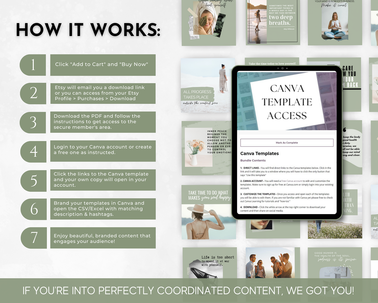 An overview of the Socially Inclined Mind Body & Spirit Social Media Post Bundle with Canva Templates for wellness and health content.